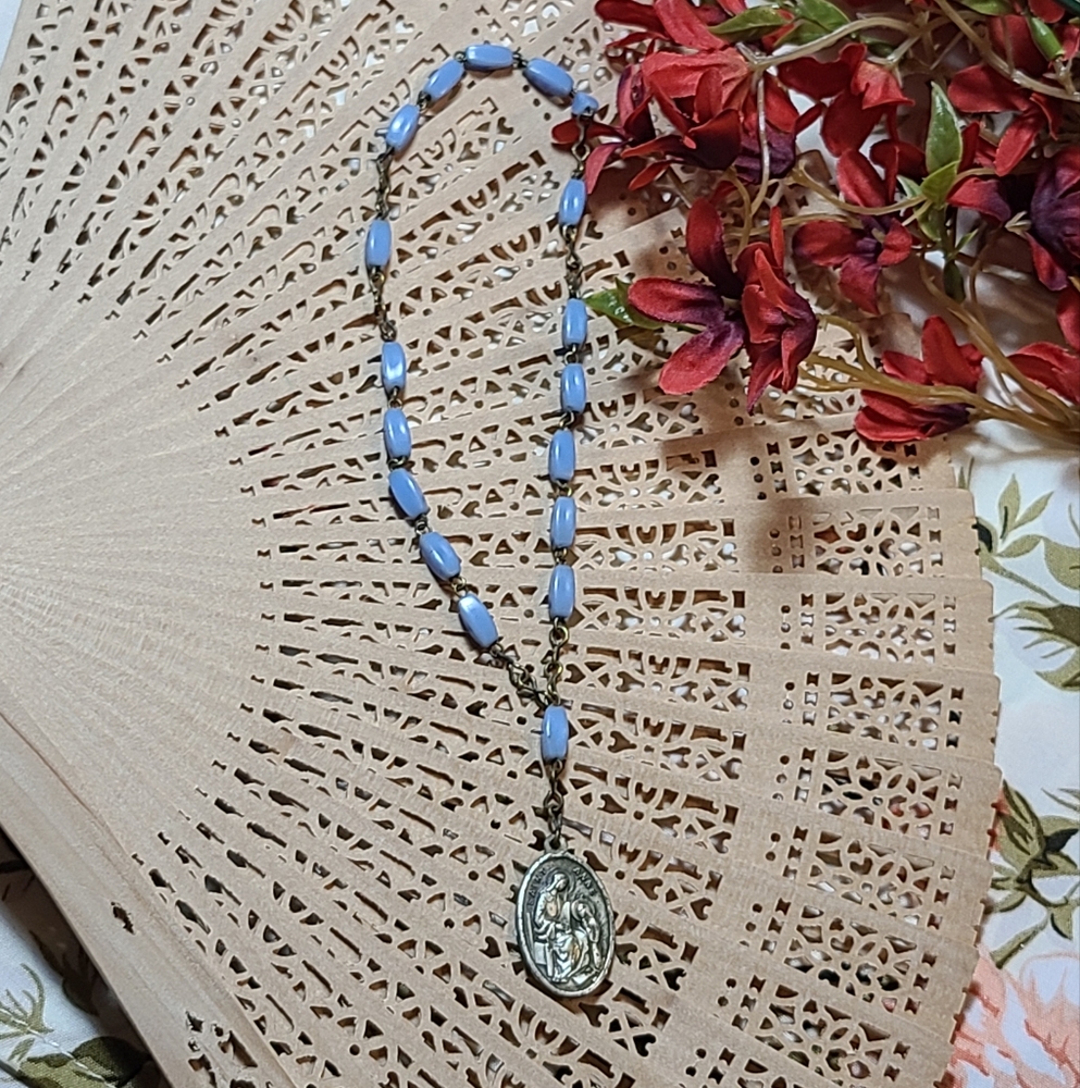 Blue Beaded Necklace with Silver Pendant St ANNE ROSARY